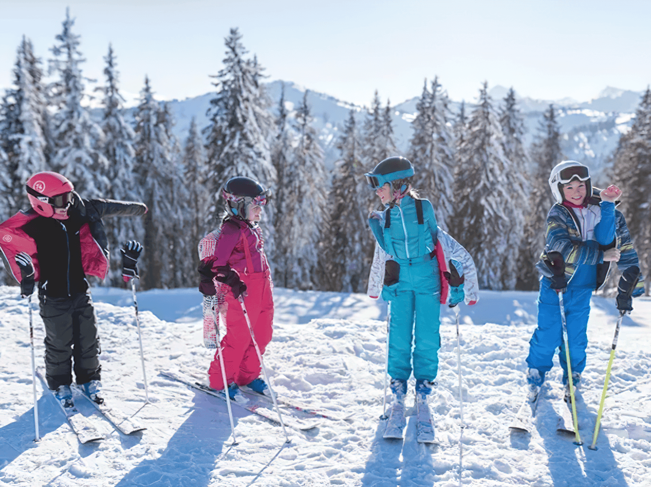 Group of young skiers in a snowy landscape, showcasing colorful, warm ski jackets. Stylish Durable Warm Ski Jacket for Girls - SF3582.